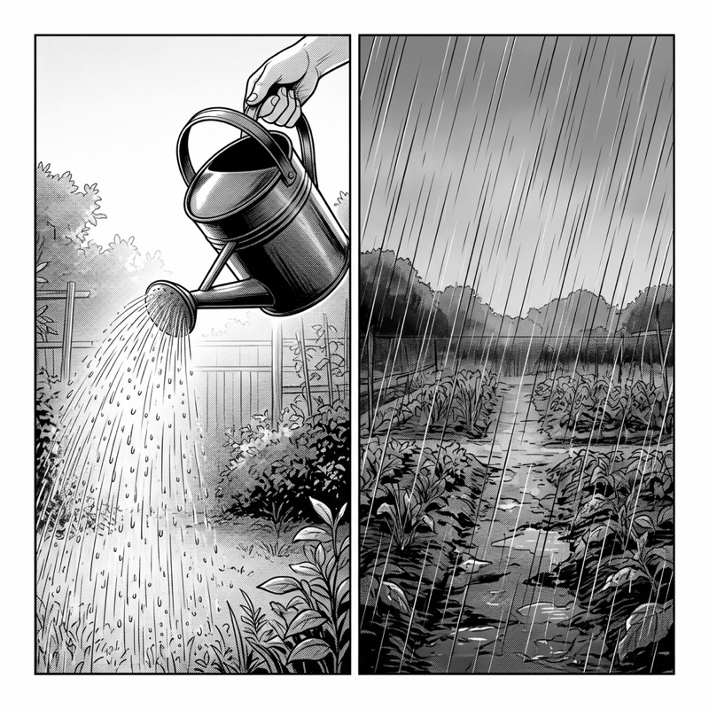 Black-and-white kamishibai card illustration: a watering can over an evening garden bed contrasts with a downpour over the garden.