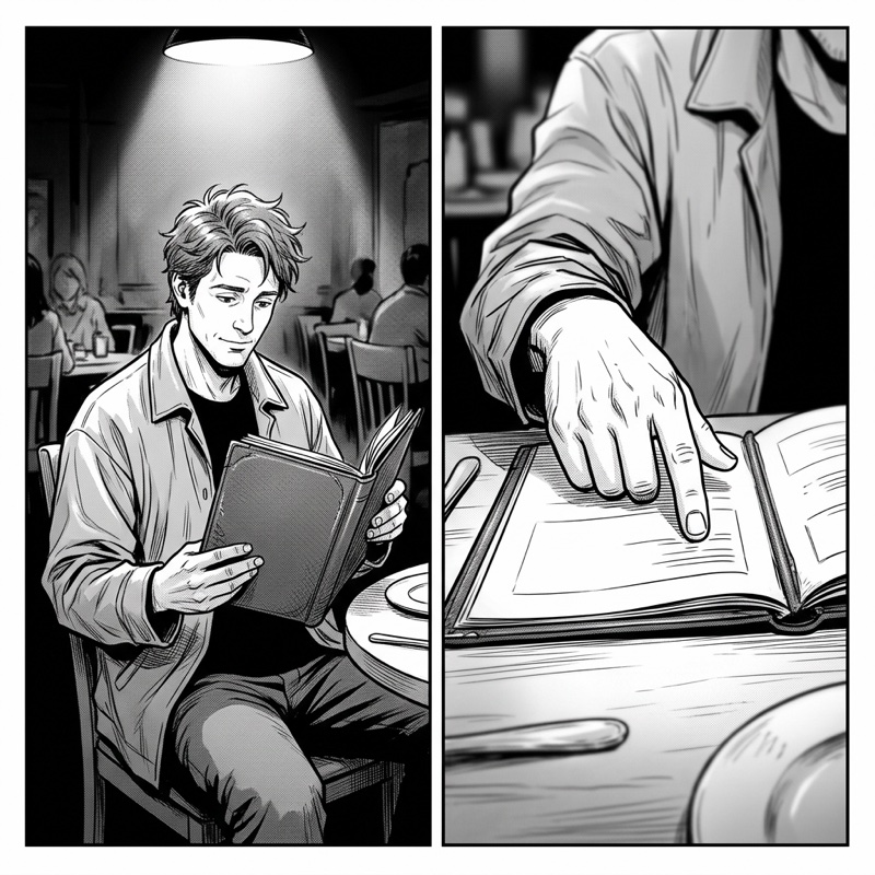 Black-and-white kamishibai card illustration: a café visitor reads the menu, then orders by pointing at a line.