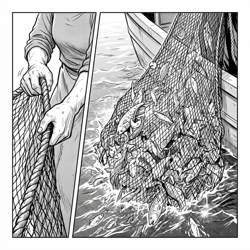 Black-and-white kamishibai card illustration: a hand pulls the edge of a net and the whole catch rises from the water.