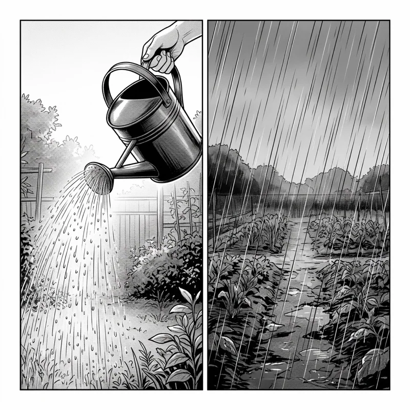 Black-and-white kamishibai card illustration: two ways of watering a garden bed, with a watering can and in heavy rain.