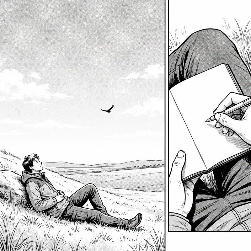 Black-and-white kamishibai card illustration: someone on a hillside watches a bird in the sky and makes a note in a notebook.