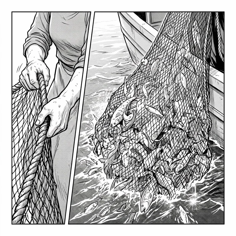 Black-and-white kamishibai card illustration: a hand pulls the edge of a net and the whole catch rises from the water.