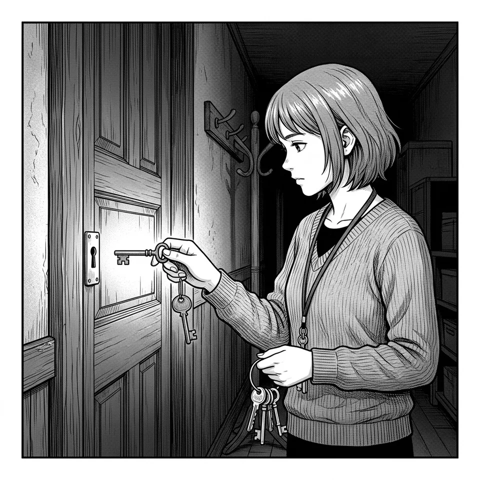 Black-and-white kamishibai card illustration: a young woman in a hallway holds a key ring and brings a selected key toward a door lock.