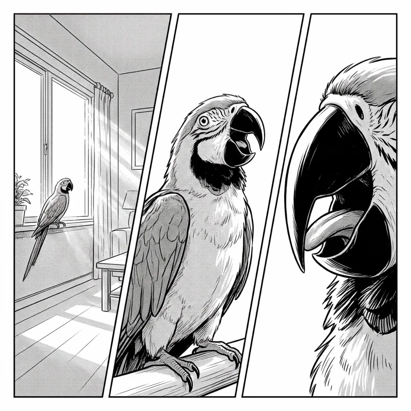 Black-and-white kamishibai card illustration: a parrot by a window repeats the voice it hears every morning.