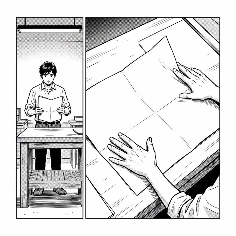 Black-and-white kamishibai card illustration: before assembly, a craftsperson spreads a diagram across the table.