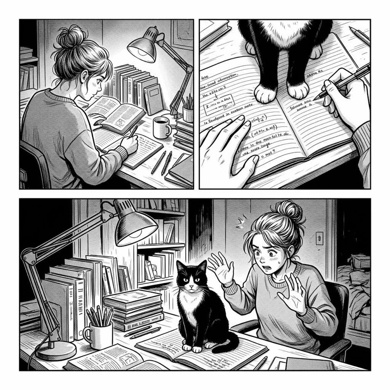 Black-and-white kamishibai card illustration: a young woman studies at her desk, a black-and-white cat steps onto her notebook, and she raises her hands in surprise.