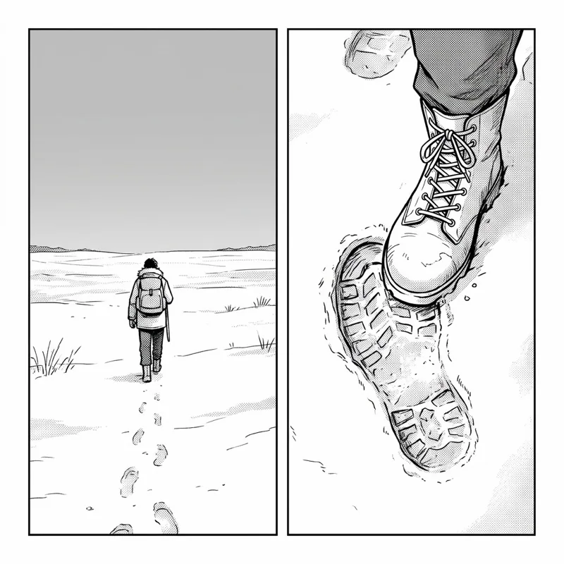 Black-and-white kamishibai card illustration: a traveler in a snowy field places a boot into yesterday's footprint.