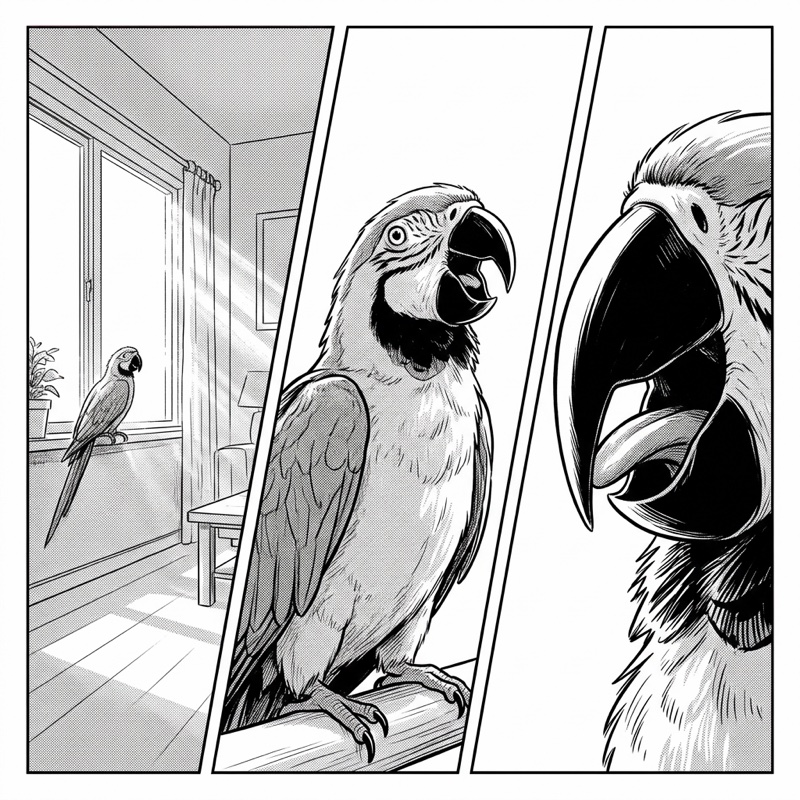 Black-and-white kamishibai card illustration: a parrot by a window repeats the voice it hears every morning.