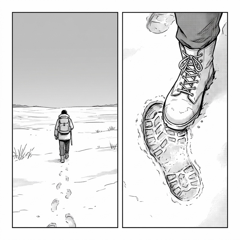 Black-and-white kamishibai card illustration: a traveler in a snowy field places a boot into yesterday's footprint.