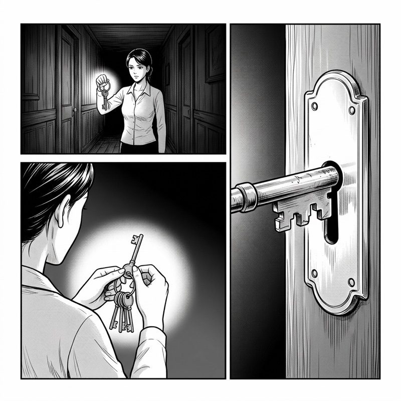 Black-and-white kamishibai card illustration: a woman sorts through a key ring in a hallway and finds the key by its worn teeth.